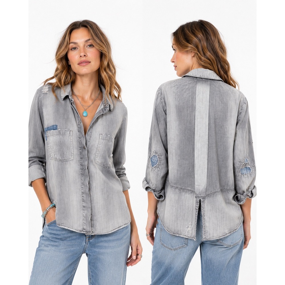 Cloth & Stone Button Down Shirt Womens S‎ Grey Excellent Distressed Denim Boho